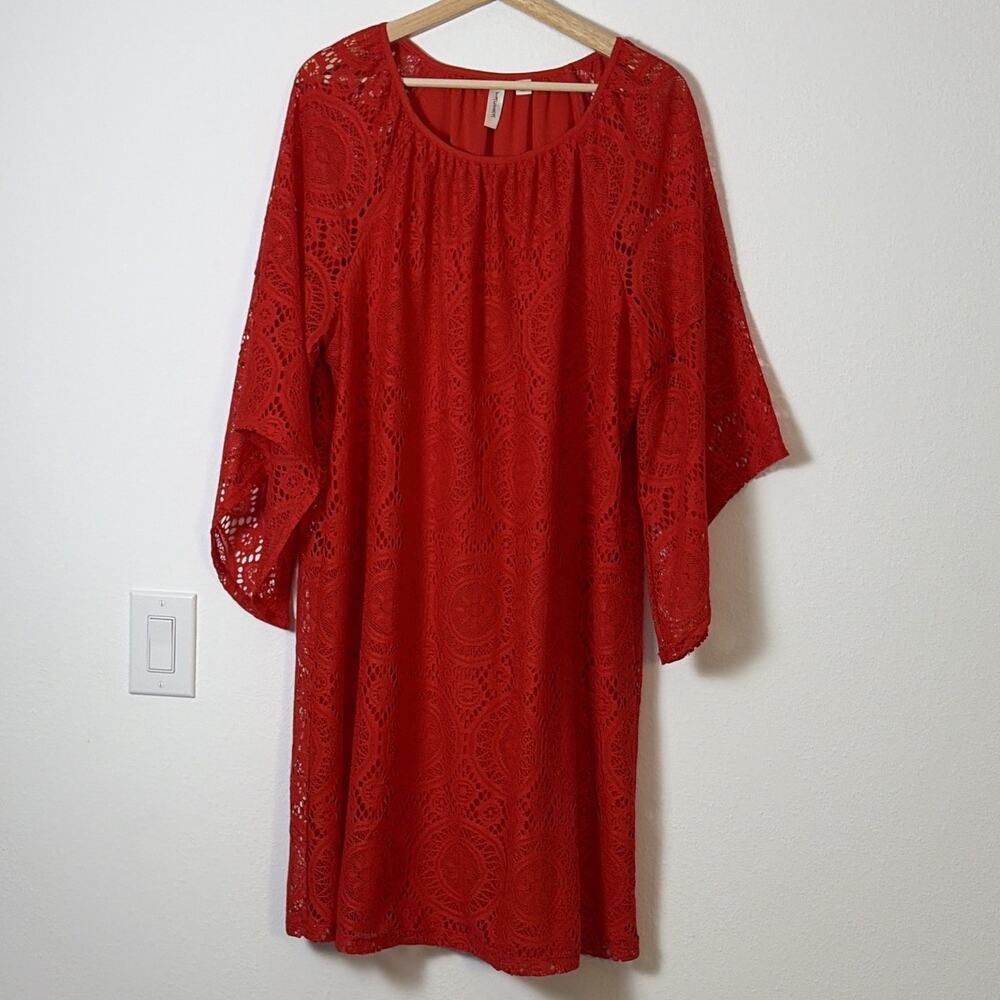 Tacera Red Lace Shift Dress Knee Length Round Neck 3/4 Batwing Sleeve Plus 2X